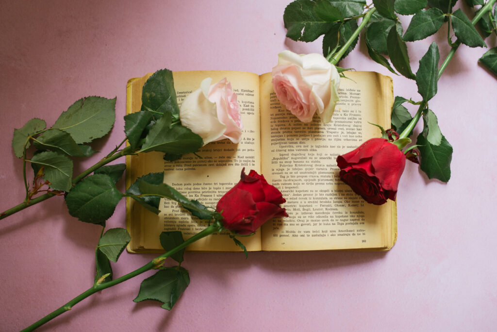 Vintage Book Wallpaper with Roses - Charming Pink Backdrop