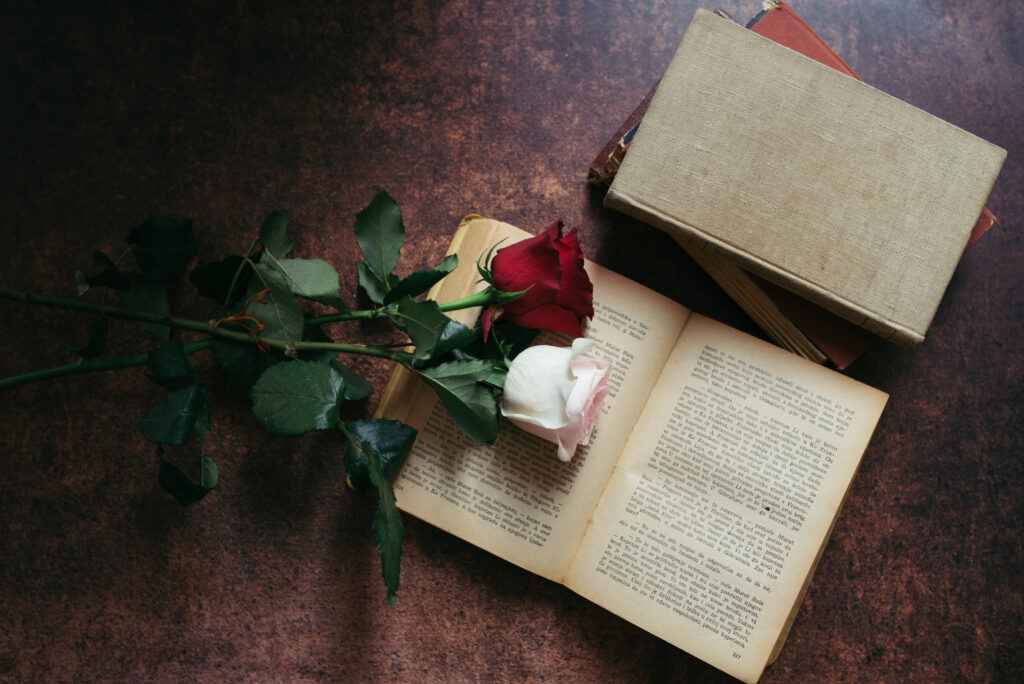 Vintage Book with Roses: Timeless Literary Aesthetic Background Wallpaper
