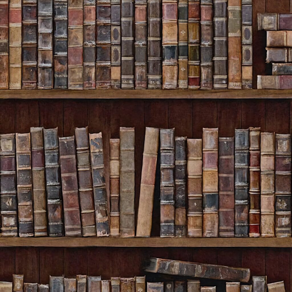 Vintage bookshelf with dusty weathered books creating nostalgic scholarly wallpaper background