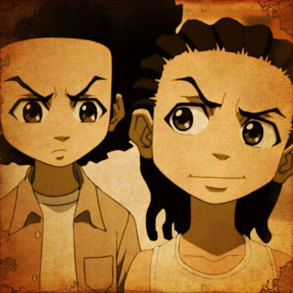 Vintage Boondocks wallpaper with Huey and Riley Freeman sepia anime portrait textured background