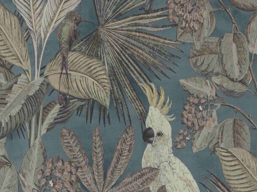 Vintage botanical wallpaper with cockatoo hummingbird and intricate tropical foliage design