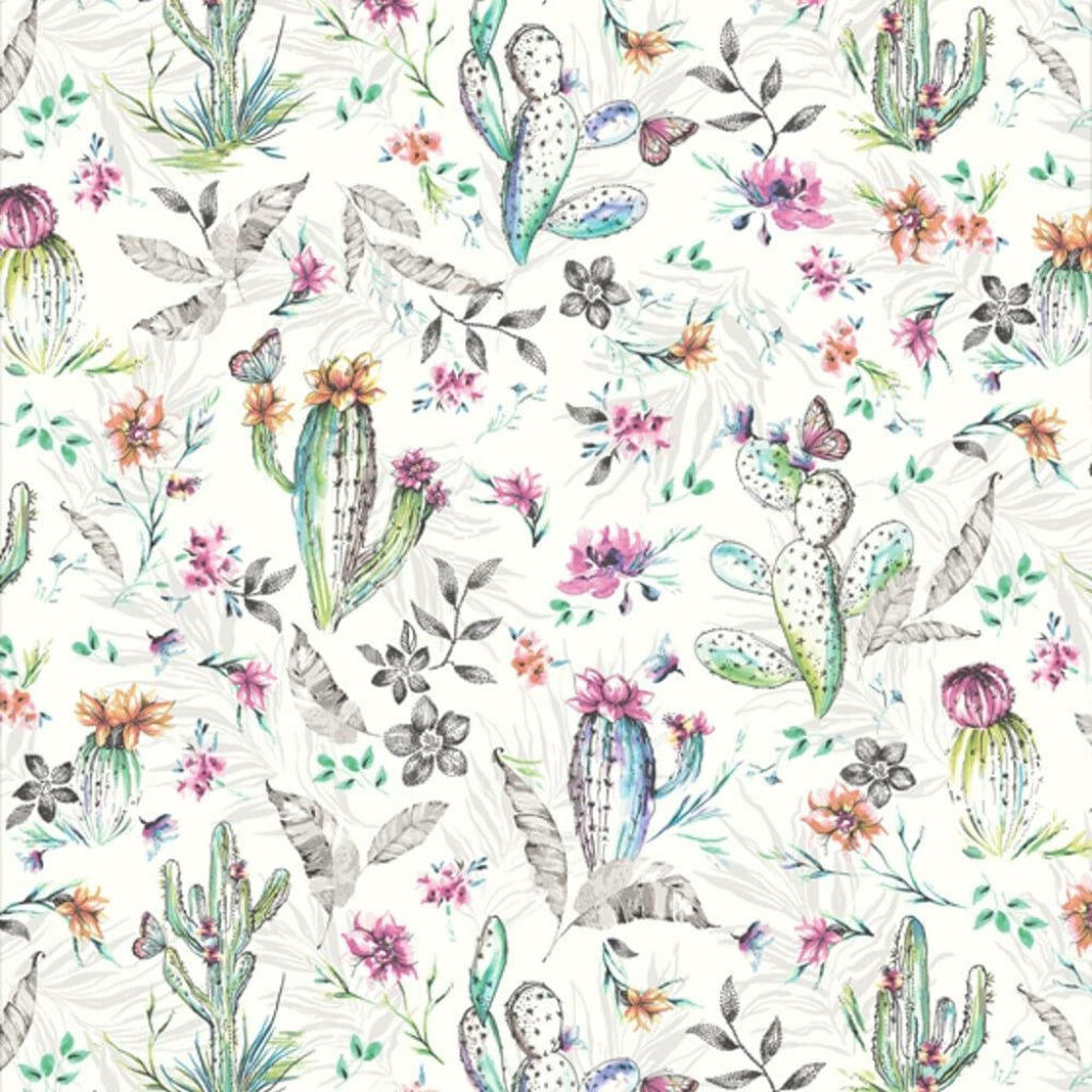 Vintage bright cactus and flower wallpaper with colorful botanical patterns and lively design