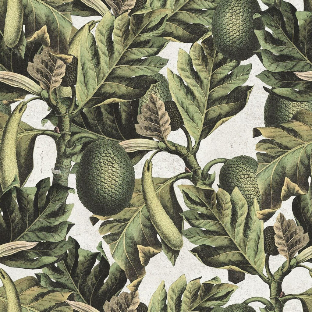 Painted Breadfruit plant wallpaper with detailed green leaves and textured fruits vintage design