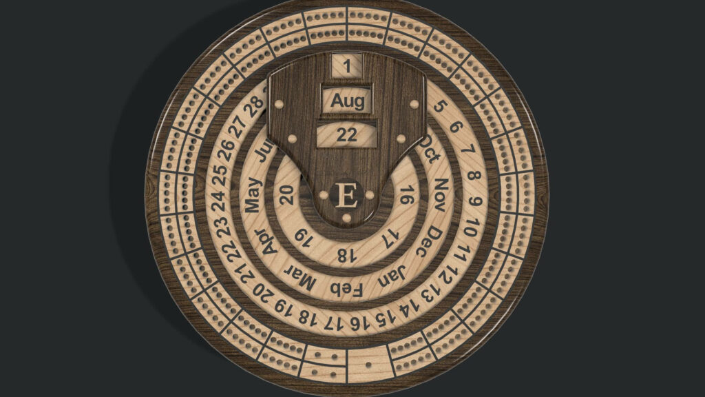 Vintage circular brown cribbage perpetual calendar with carved wood days months and dates wallpaper background