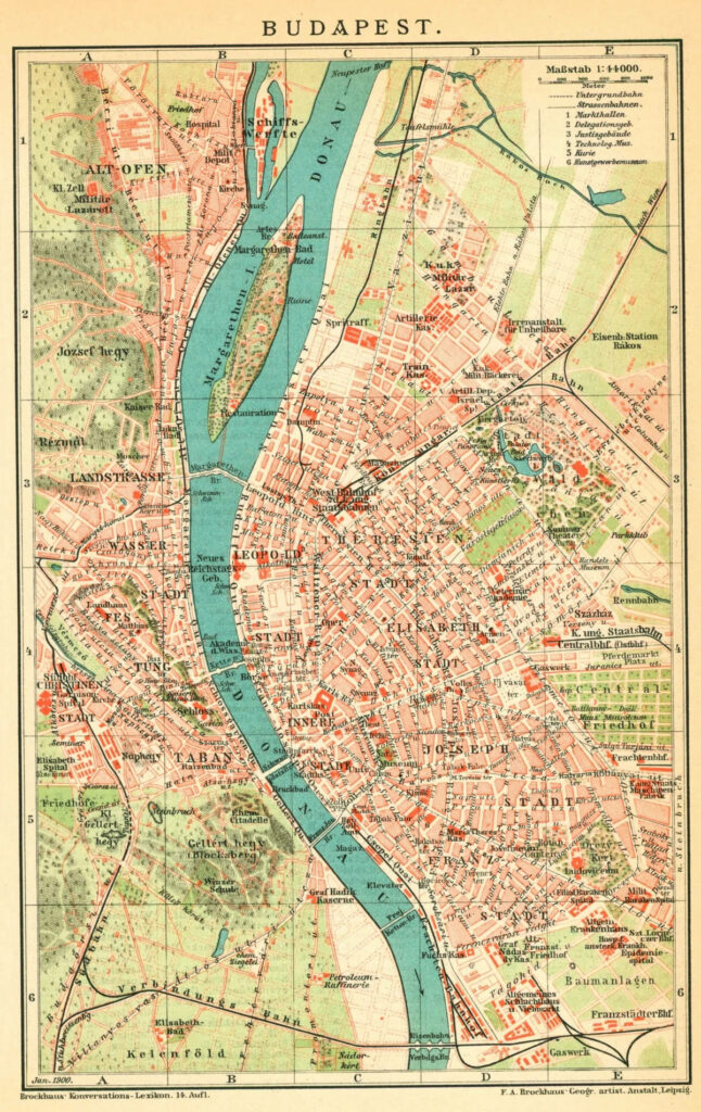 Detailed vintage map wallpaper of Budapest Hungary highlighting Danube River and city streets