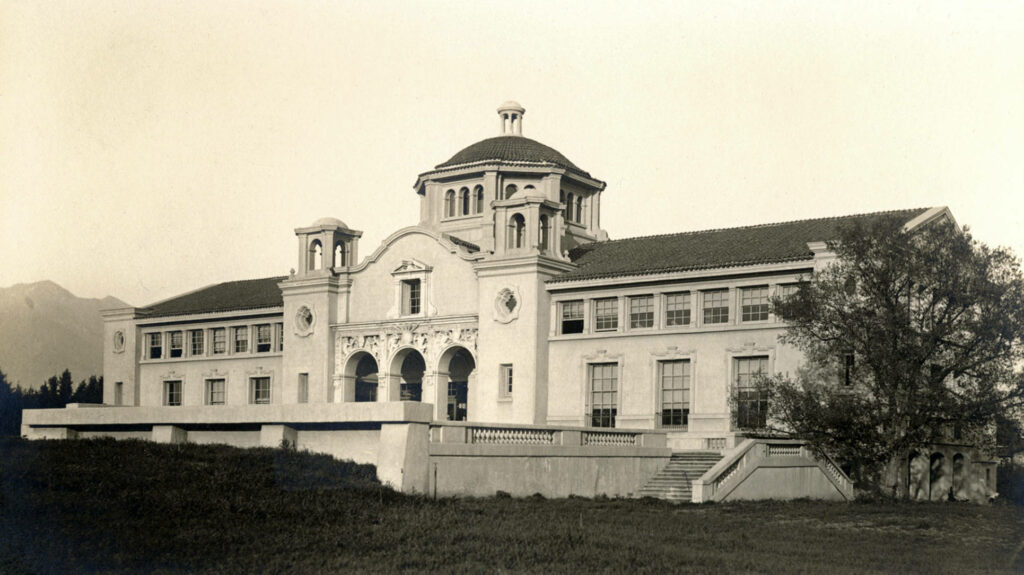 Vintage sepia wallpaper of Caltech Throop Hall 1912 neoclassical architecture with dome and arches