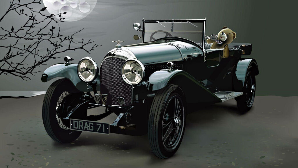 Vintage classic car under moonlight with cheerful teddy bear driver nostalgic wallpaper background