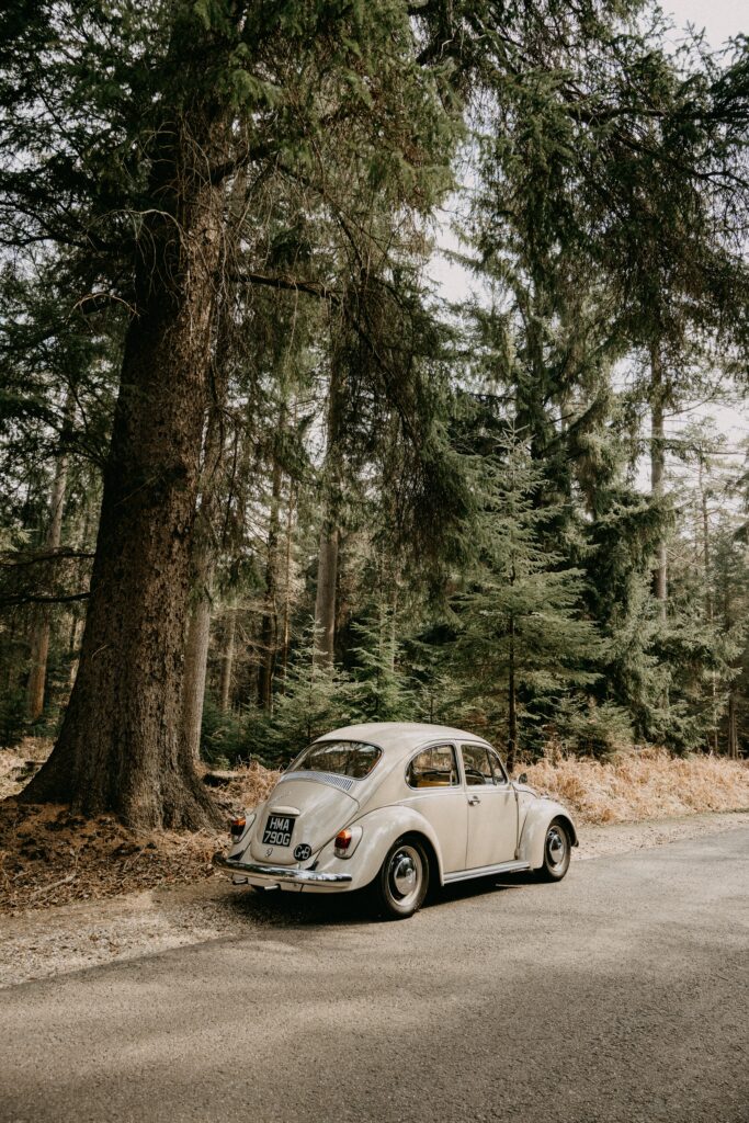 Vintage Car on Tranquil Forest Road - Nostalgic Nature Wallpaper