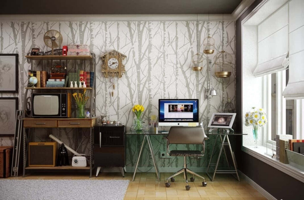 Vintage Decor meets Modern Technology: An Inspiring Home Office Setting with a Printed White Wallpaper and Impeccable Workspace