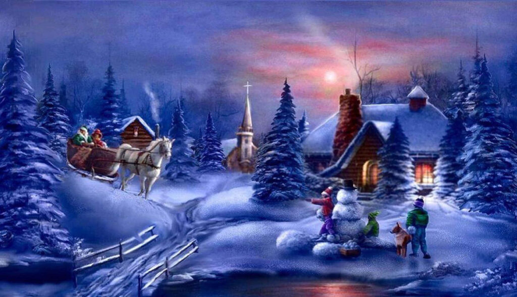 Vintage Christmas Wallpaper: Serene Snowy Cottage Scene
