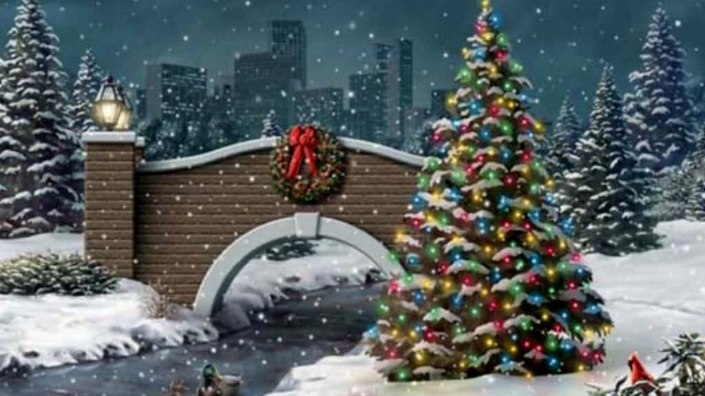 Vintage Christmas Wallpaper: Snowy Bridge & Festive City Skyline