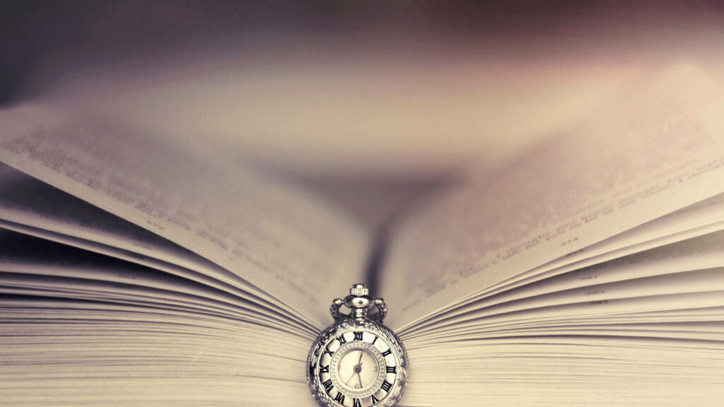Vintage clock on open book vintage time to explore imagination dreamy wallpaper background