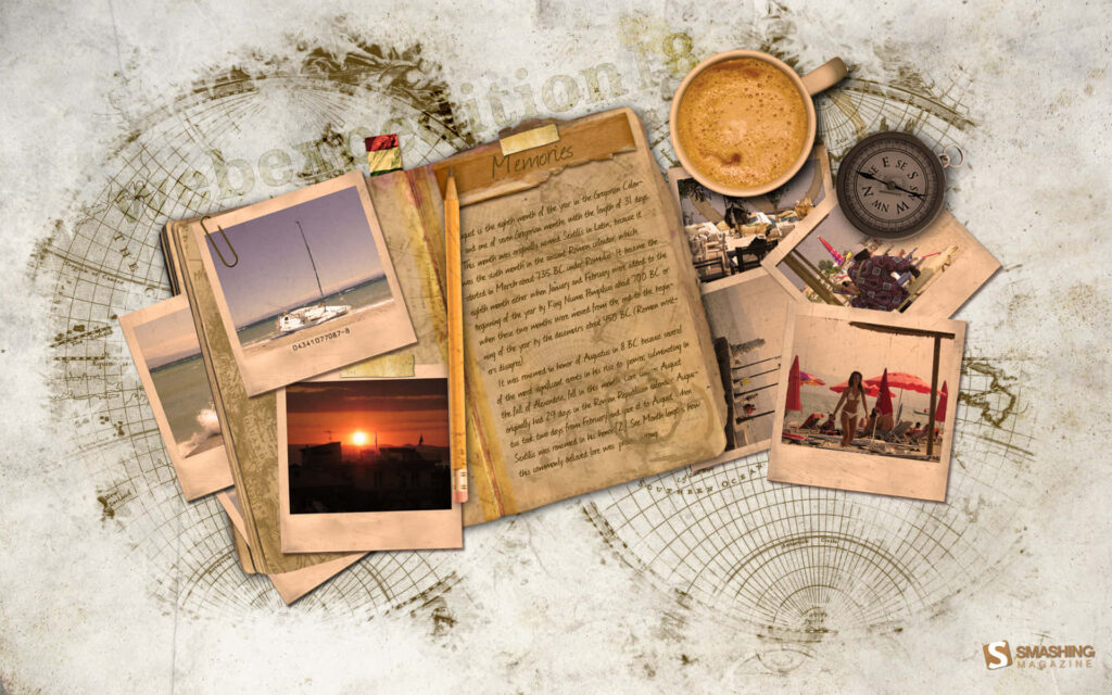 Rich textured compass wallpaper with vintage photos journal coffee and map lines evoking adventure