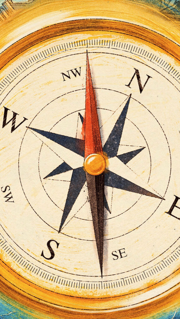 Vintage compass wallpaper with bold black red needles warm gold cream tones textured design