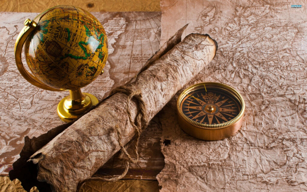 Vintage wallpaper with brass compass old globe antique scroll on weathered world map background