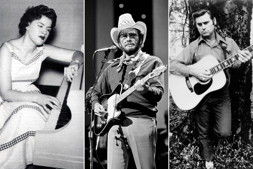 Vintage black and white country music collage featuring Patsy Cline piano Merle Haggard and George Jones guitars Wallpaper