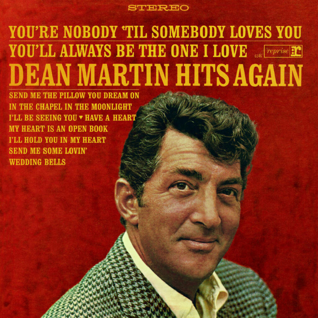 Vintage wallpaper with Dean Martin retro music art red background bold yellow white text