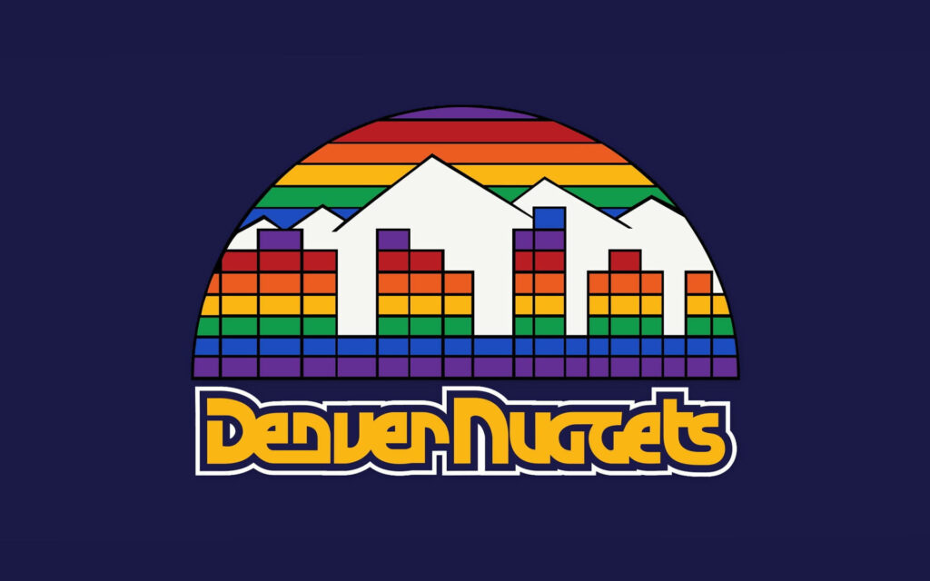 Vintage Denver Nuggets logo wallpaper with retro rainbow mountains city skyline navy background