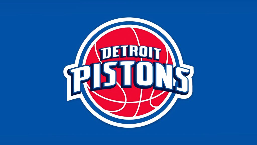 Vintage Detroit Pistons logo wallpaper with bold red basketball on dynamic blue background