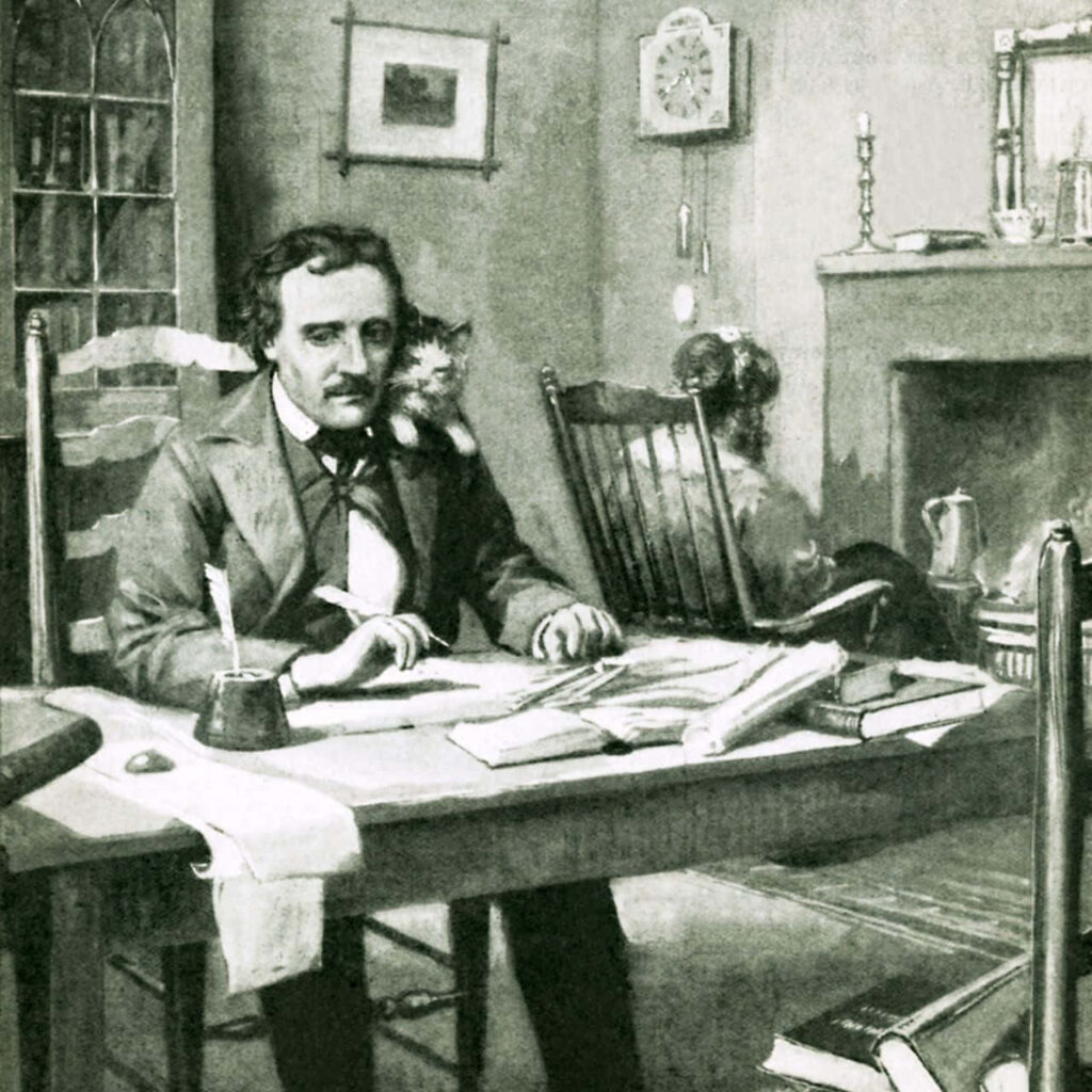Vintage wallpaper of Edgar Allan Poe at desk with books cat grayscale literary solitude scene