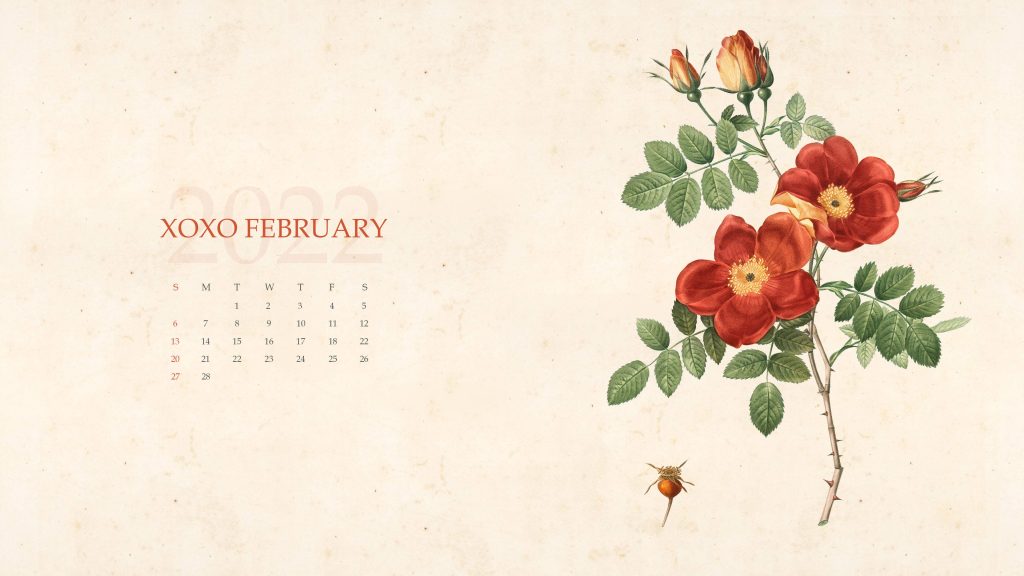 February 2022 vintage calendar wallpaper with detailed red roses and cream parchment background