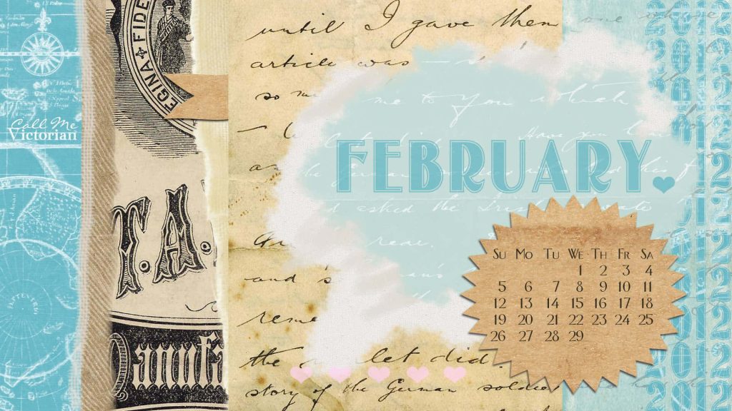 Vintage February leap year calendar wallpaper with blue tones and mixed-media scrapbook style