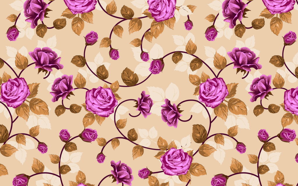 Vintage wallpaper with purple roses copper leaves beige background classic floral pattern