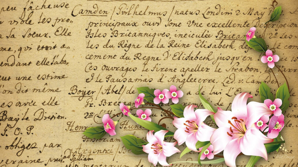 Vintage Aged Paper Wallpaper with Elegant Script & Floral Design