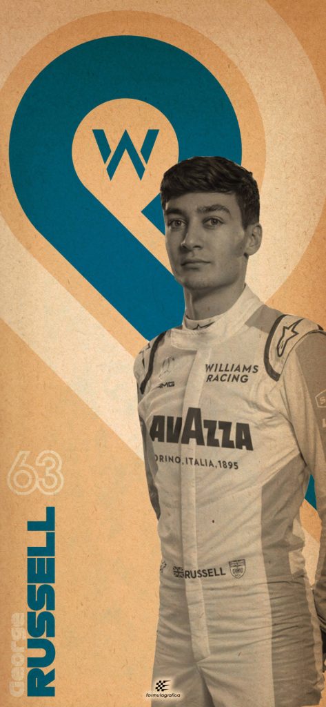 George Russell in vintage white Williams Racing suit with retro paper texture wallpaper background