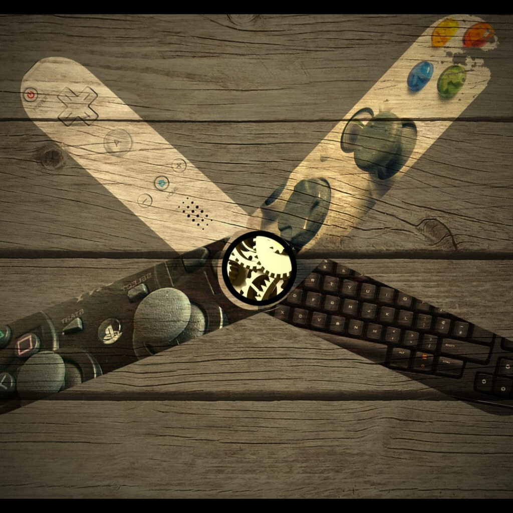 Creative gaming clock wallpaper with Xbox PlayStation Nintendo PC controllers on wood background