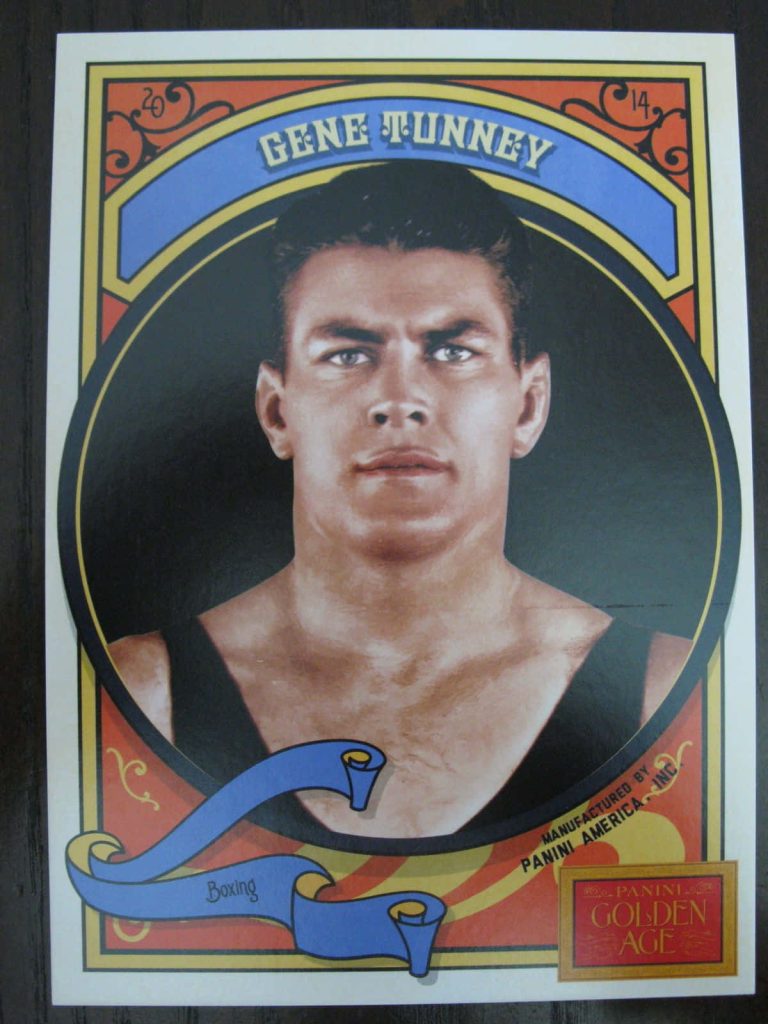 Vintage Panini Golden Age boxing card wallpaper featuring heavyweight champ Gene Tunney portrait
