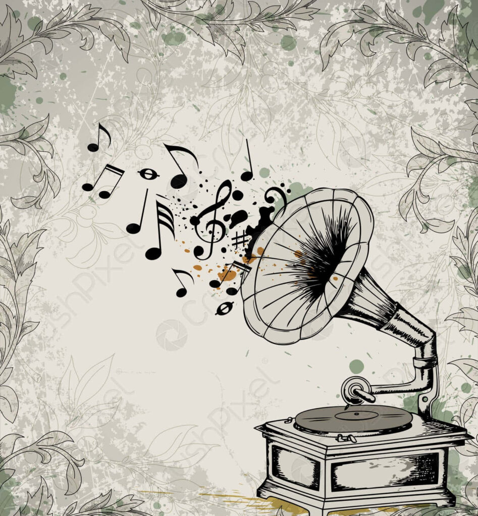Vintage Gramophone Wallpaper with Musical Notes & Floral Patterns