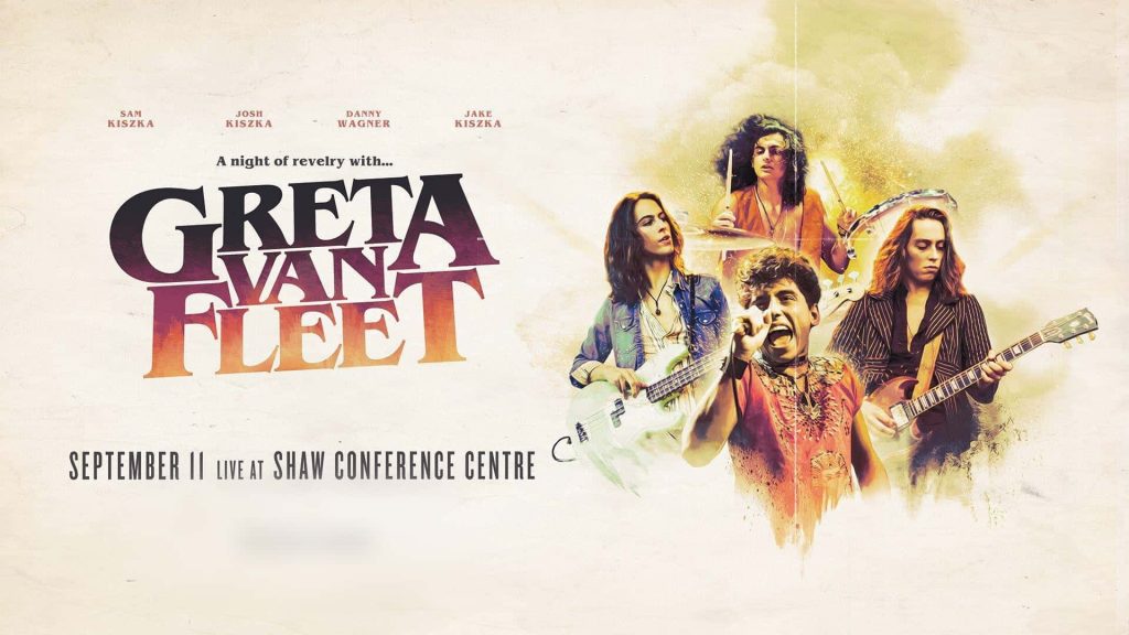 Vintage Greta Van Fleet concert poster wallpaper featuring band members in retro rock design