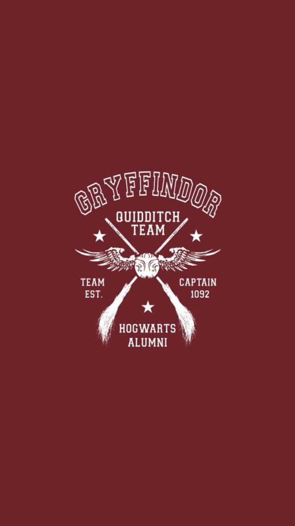 Vintage Gryffindor Quidditch Team Captain shirt design with crossed broomsticks on maroon background Wallpaper