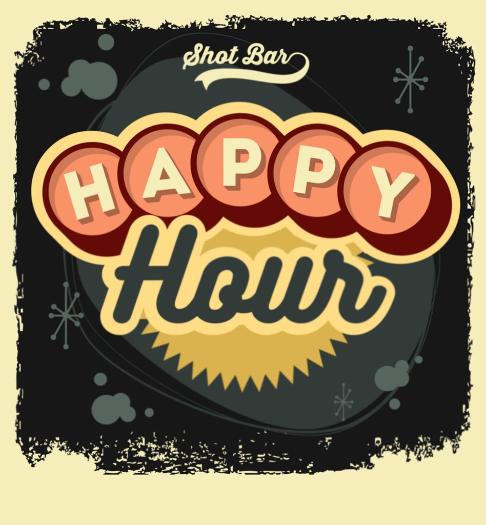 Vintage Happy Hour wallpaper with retro Shot Bar design in warm coral yellow charcoal tones