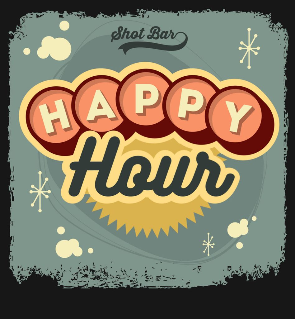 Vintage Happy Hour wallpaper with retro orange typography and teal starburst background