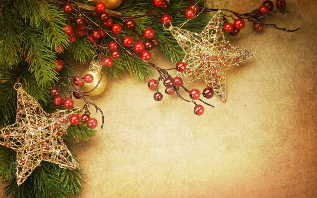 Vintage Holiday Wallpaper with Rustic Stars & Pine Branches
