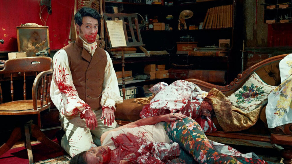 Chaos Unleashed: What We Do in the Shadows Vintage Scene Wallpaper