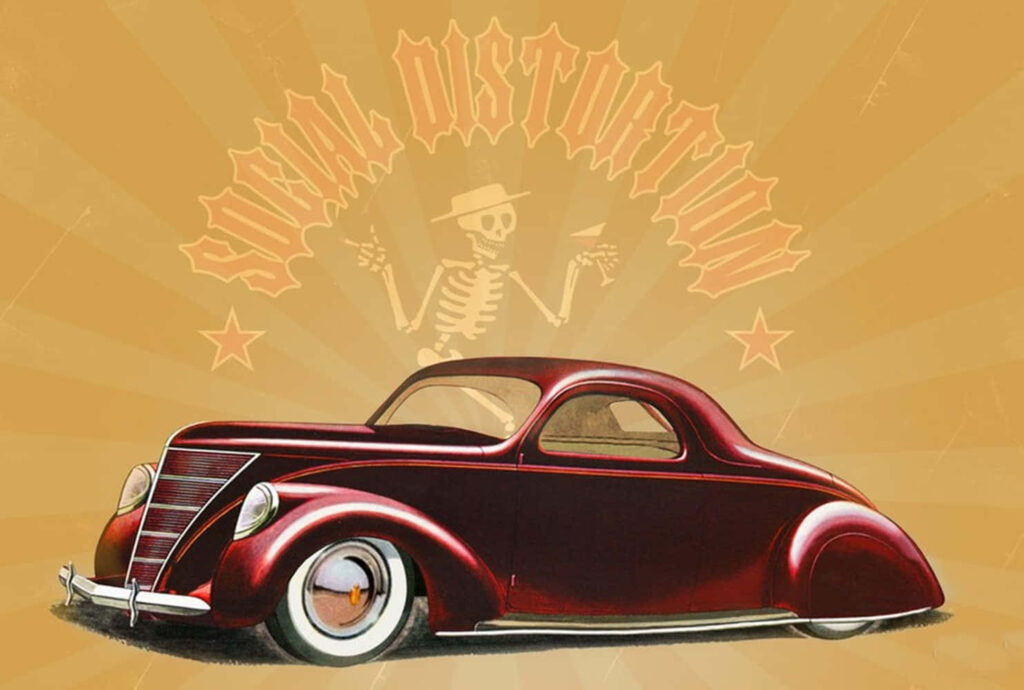 Vintage hot rod car with Social Distortion skeleton logo and bold punk rock band name wallpaper