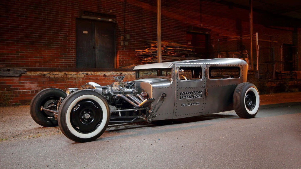 Custom Hot Rod Wallpaper: Vintage Industrial Design & Rustic Brick