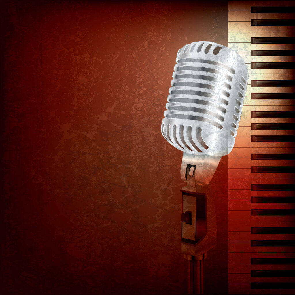 Vintage Wallpaper with Classic Microphone & Piano Keys - Retro Charm