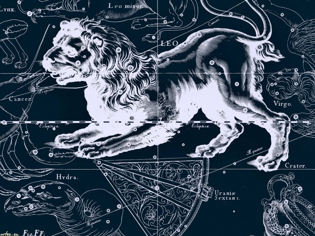 Vintage celestial map wallpaper with detailed Leo constellation lion and neighboring stars