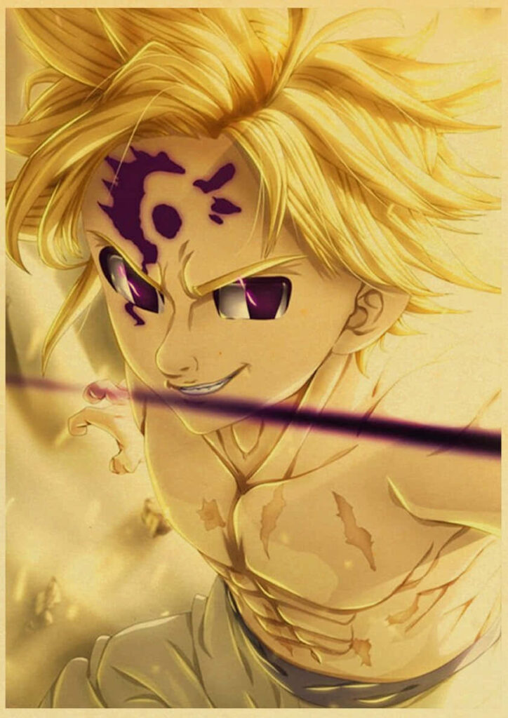 Vintage anime wallpaper of Meliodas from Seven Deadly Sins with intense expression and energy