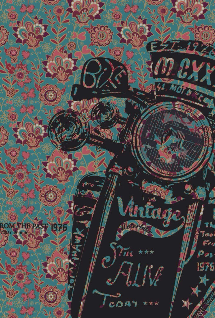 Vintage Motorcycle iPhone Wallpaper: Colorful Retro Floral Design