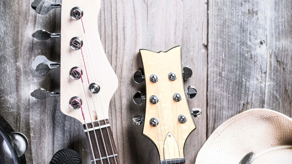 Vintage Music Wallpaper: Rustic Flatlay of Instruments & Headphones