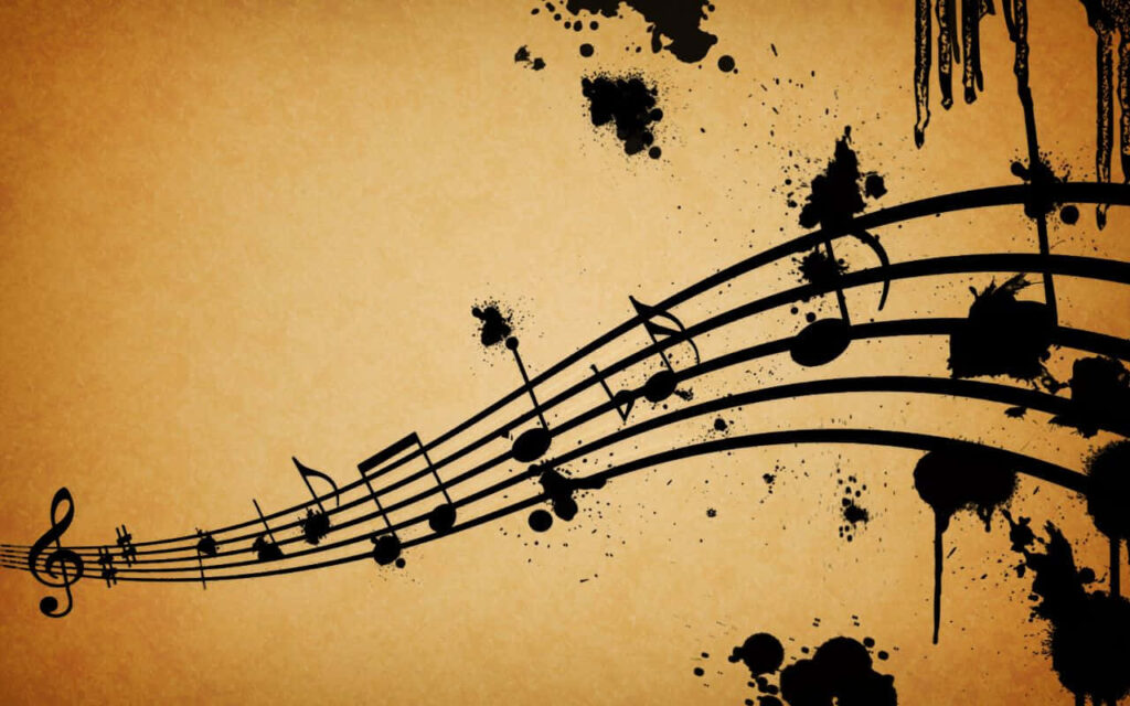 Elegant Musical Notes Wallpaper: Vintage Design with Ink Splatters