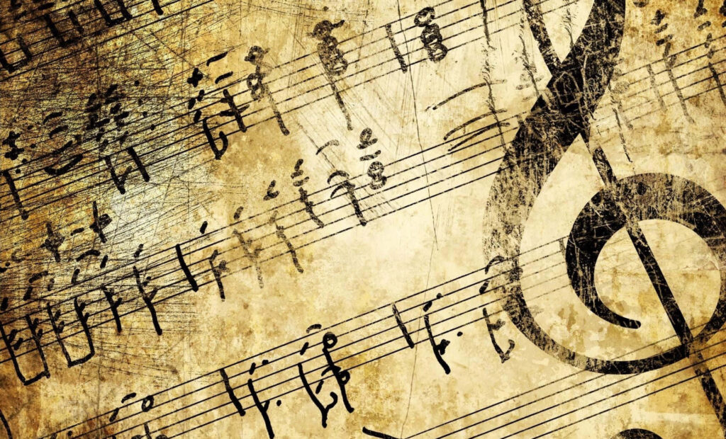 Vintage Musical Wallpaper: Faded Sheet Music & Treble Clefs Design