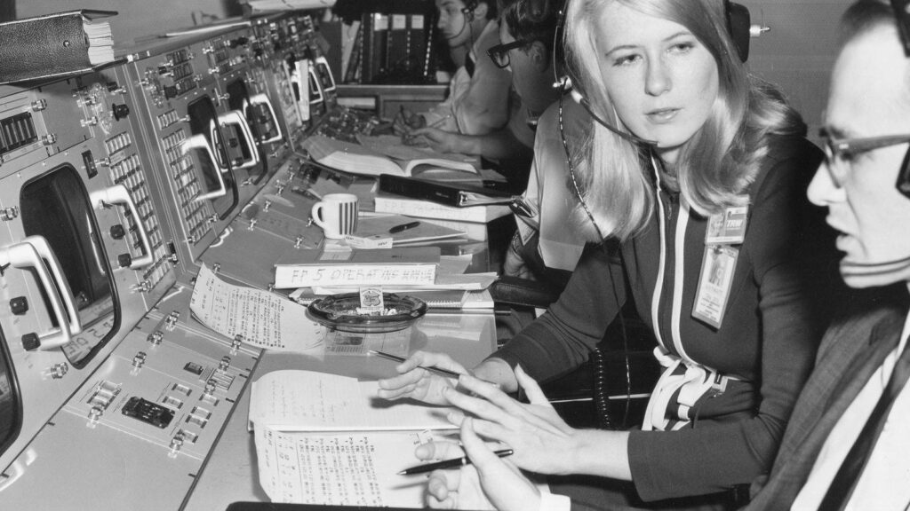 Historic NASA Houston Control Room - Vintage Black-and-White Wallpaper