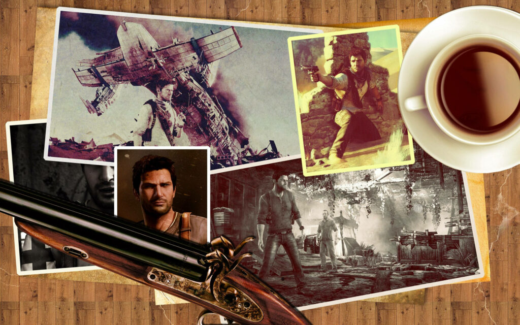 Vintage Nathan Drake Collage Wallpaper - Uncharted Adventure Background