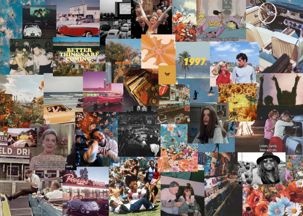 Vintage aesthetic collage wallpaper featuring retro cars theaters floral scenes and cultural icons